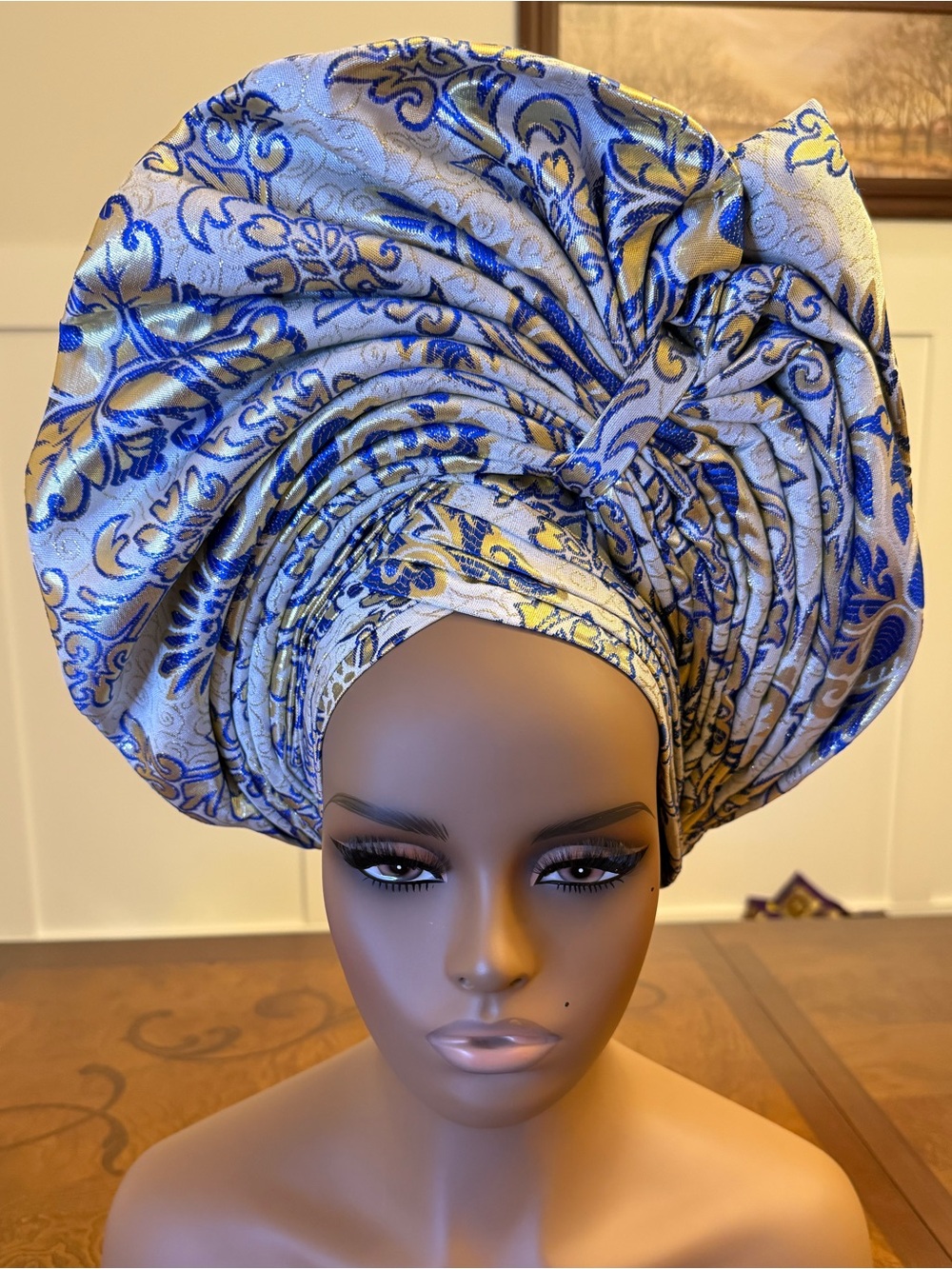 Blue and Gold Patterned Damask Auto Gele Headwrap